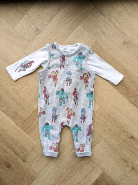 Baby Marvel Grey Dungaree & Top Set. 0-3 Months