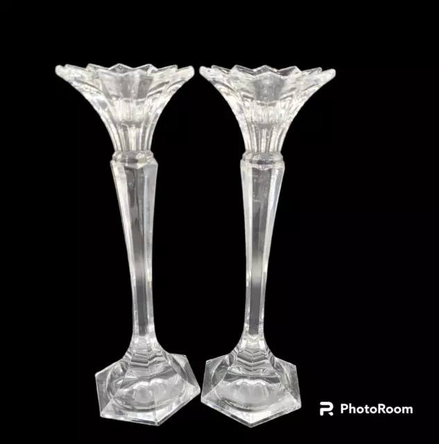 Mikasa Crystal Clear Glass Excelsior Pattern a Pair of 9. 5 in Tall Candlesticks