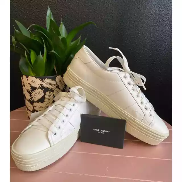 SAINT LAURENT Size 39/9 White Leather Low Top Platform Sneakers