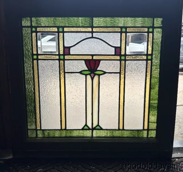 Nice Arts & Crafts Beveled Stained Leaded Glass Window Circa 1920 24" x 23"