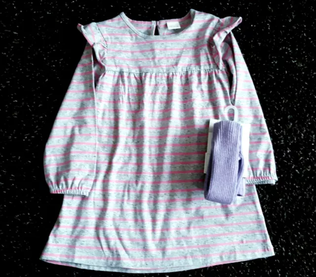 Next Girls Grey/Pink Stripe Dress & Purple Rib Tights Age 2-3 Years BNWT