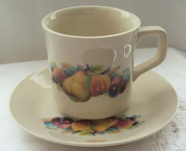 Bendigo Pottery Teacup and Saucer Cream with Fruit Motif