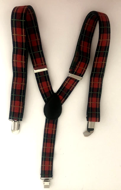 Vtg NOS 21-35" Boys Red Blue TARTAN PLAID Elastic SUSPENDERS Silver Clips