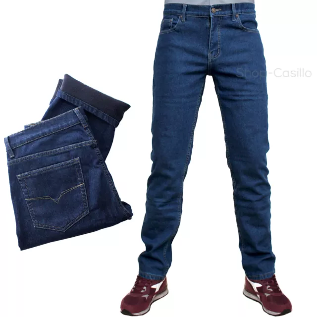 Jeans Uomo Imbottito In Pile Caldo Invernale Felpato Pantalone Termico 5 Tasche