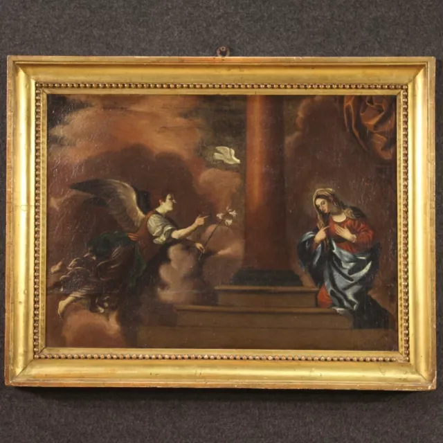 Annunciazione antico quadro religioso dipinto olio su tela cornice XVIII secolo