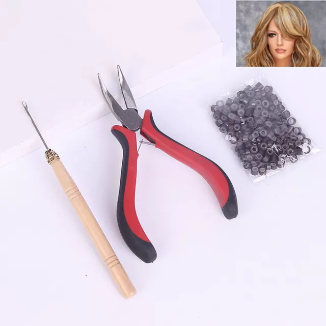 200 Silicone Micro Rings Beads Feather Hair Extension Complete Tool Kit Hook-wf 2