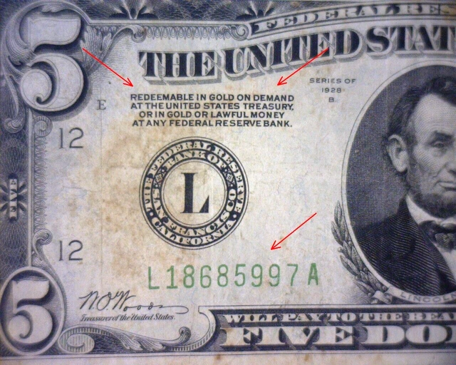 1928 B $5 Federal Reserve Note “REDEEMABLE IN GOLD”LIME GREEN SEAL & SERIAL #'s