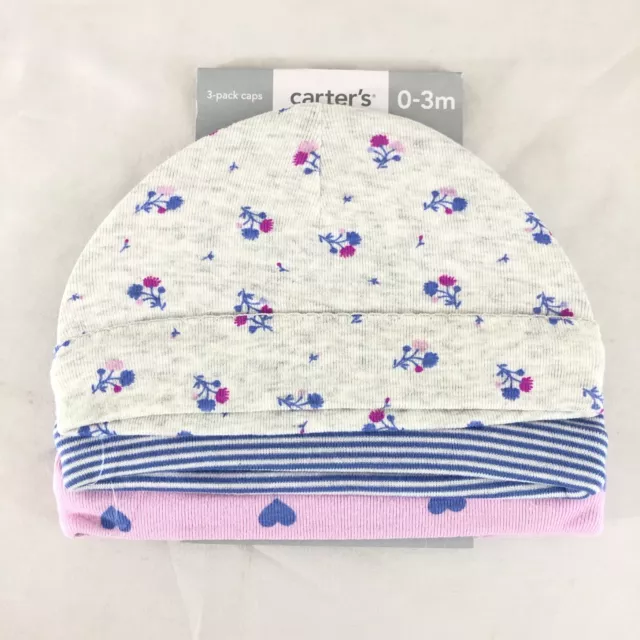 Carters Baby Girls Caps 3 Pack Floral Stripes Hearts Gray Pink Purple 0-3 Months