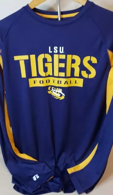 LSU Tiger Football Shirt Med Men Long Sleeve Purple Gold Logo Russell