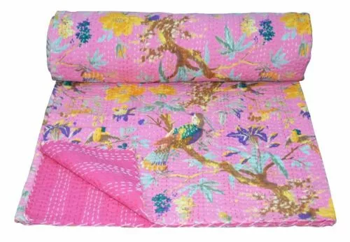 India Hecho a Mano Algodón Rosa Estampado de Pájaro Kantha Edredón Rey Tribal Cubierta de Cama Lanzamiento 2