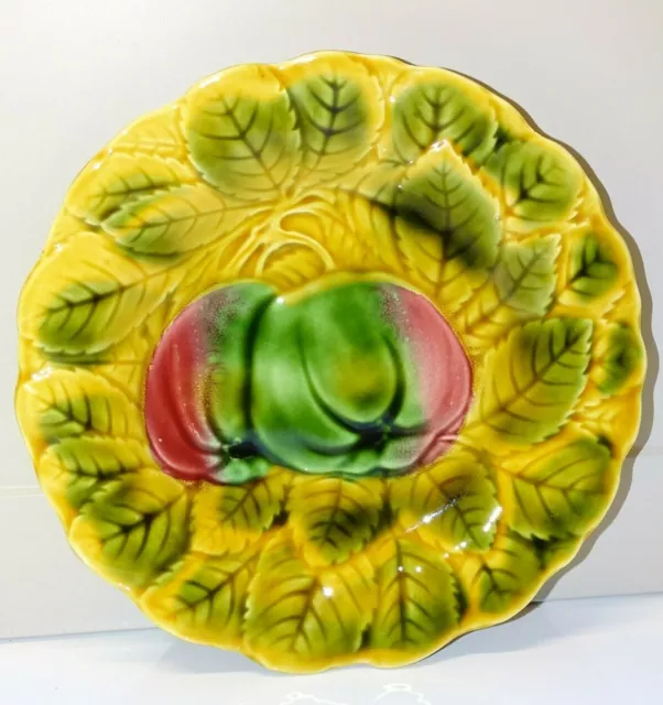 -Belle Ancienne Assiette Dessert Ceramique Barbotine Sarreguemines Fruits Pommes