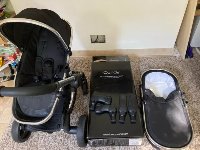 iCandy Peach Black travel system, pram carrycot and stroller.