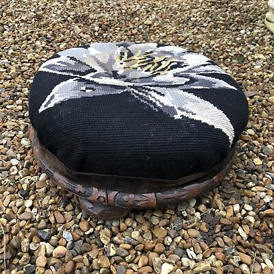 🌈Antique Small Round Carved Wooden Floral Tapestry Topped Footstool Stool Prop 5