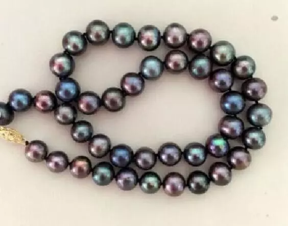 Stunning 18“8- 9mm genuine natural tahitian black red green pearl necklce 0608