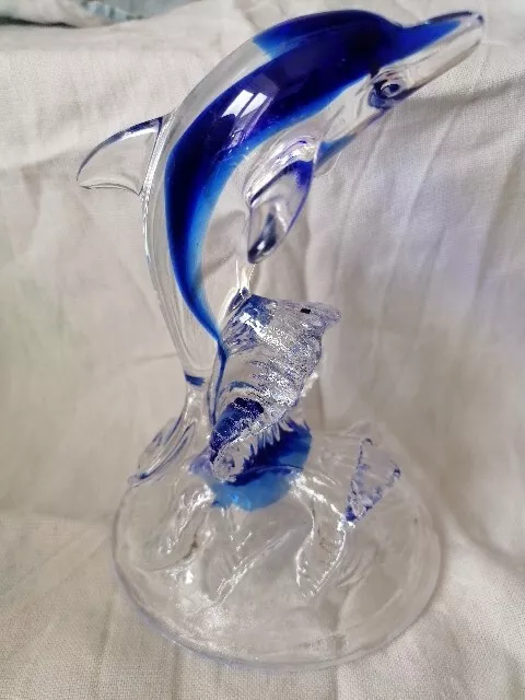 💞Beautiful Leaping glass Dolphin In Waves Clear /blue Ornament 7 Inches High
