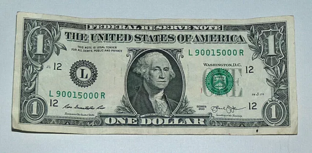 2013 One Dollar Bill Los Angeles, Ca Zip Postal Code 90015 000 Fancy Serial