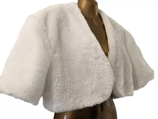 Womens white Faux Fur Bolero Shrug Cropped Jacket Wrap size L ( fits 12-16)