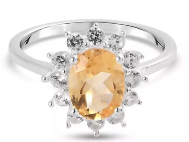 Beautiful 1.81ct Citrine and Zircon Halo Ring. 925 Sterling Silver BNWT #N