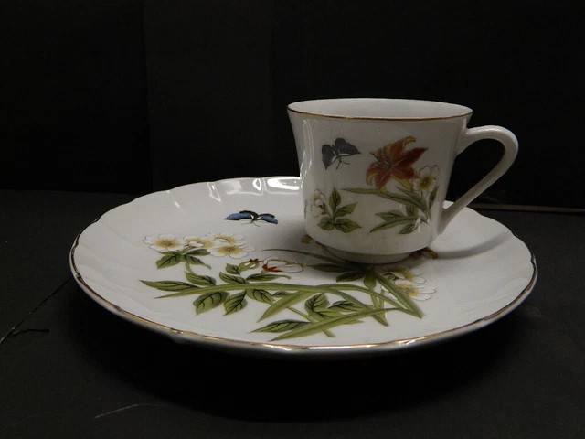 Shefford CHINESE GARDEN SNACK SET BUTTERFLY White Flower PLATE & TEA CUP SET