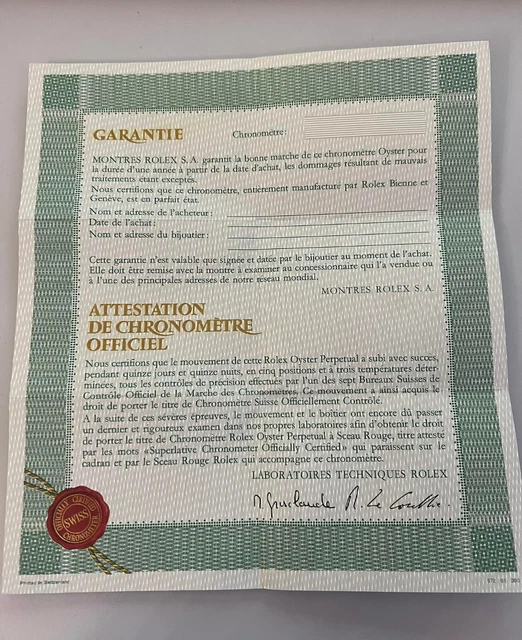 ROLEX WARRANTY GARANTIE Attestation de chronometre officiel 572