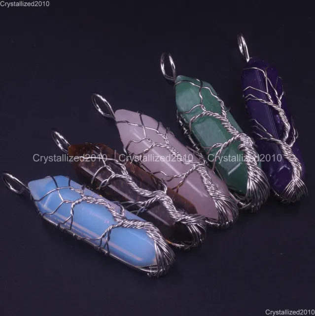 Natural Gemstone Hexagonal LifeTree Wire Wrap Reiki Chakra Healing Pendant Beads