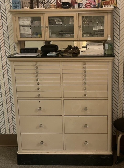 Antique Medical Dental Cabinet 22 Drawers Glass Doors 40" Wide 14" Deep