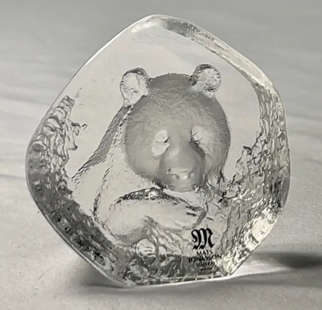 Mats Jonasson Sweden Panda Bear Etched Lead Crystal Sculpture Paperweight Signed