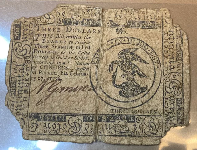 1776 Three 3 Dollar Bill COLONIAL CURRENCY USA Philadelphia Gold Silver Exc Note
