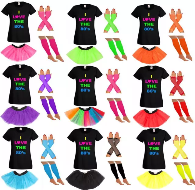 Ladies 80S Fancy Dress Set Costume Tutu Tshirt Gloves Leg Warmers Neon Festival