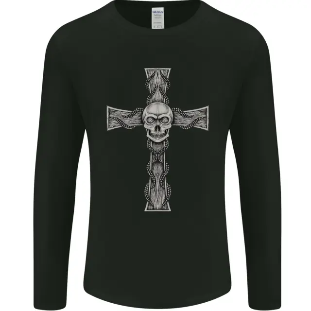 A Gothic Skull and Tentacles on a Cross Mens Long Sleeve T-Shirt