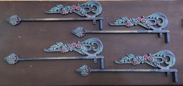 4 Vintage Victorian Swing Arm Curtain Rods, Original Paint, Flower Leaf Design