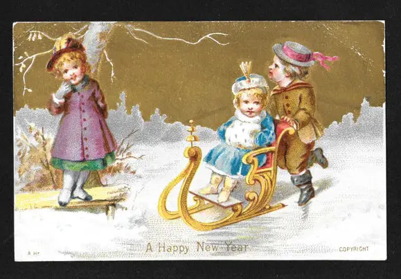 Victorian New Year Greeting Card. Winter Scene. Young Girls, Boy. Golden Sleigh