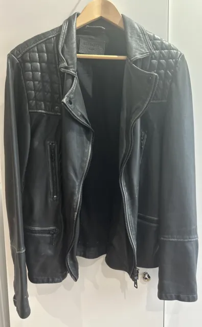 Allsaints, Black Zipped, Distressed Leather Padded Shoulder Biker jacket Small