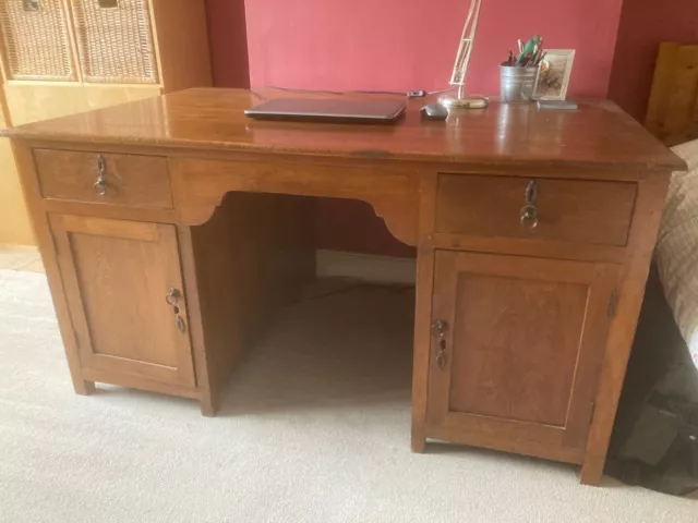 Large vintage double sided oak desk with drawers