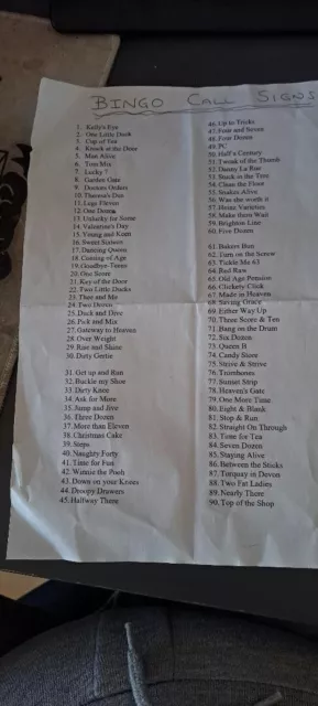 sheet of bingo call signs