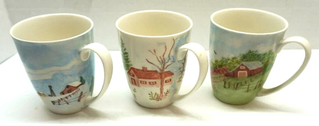 3 Coffee Mugs Cups Pier 1 Hand painted White Porcelain China