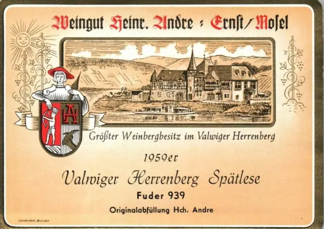 Rare 1959er 1950s Architecture Valwiger Herrenberg German Wine Label