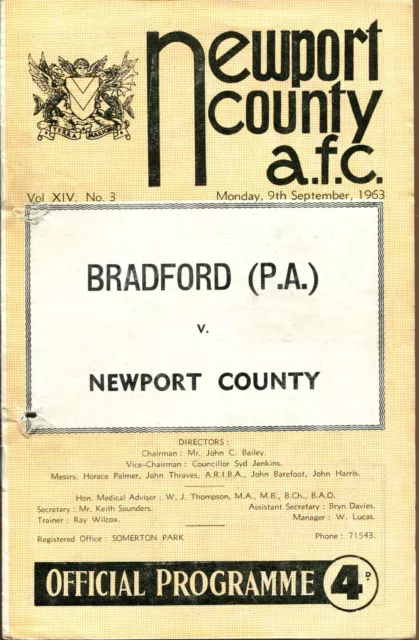Newport County v Bradford Park Avenue 09/09/63 Division 4