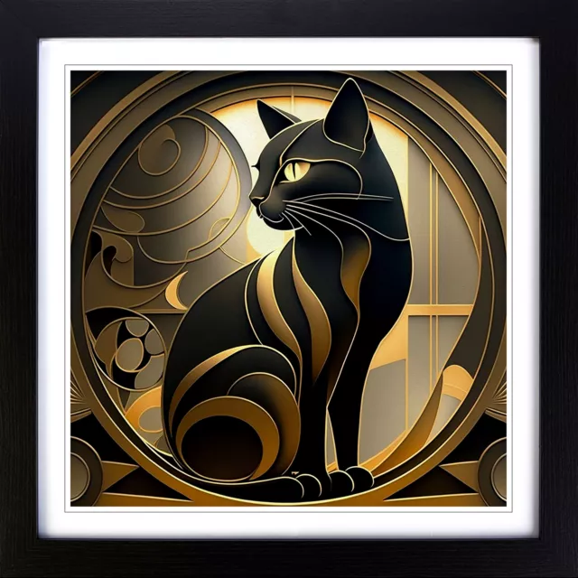 Cat Art Deco Wall Art Print Framed Canvas Picture Poster Decor Living Room