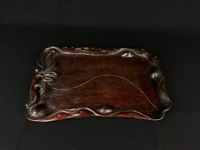 Japanese Antique Tea Ceremony Wood Hand Carved OBON Tray (e354) サ