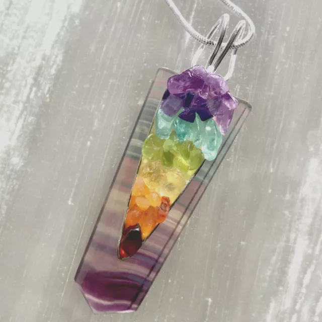 Rainbow FLUORITE Crystal 7 Chakra Pendant CHARGED Sterling Silver Necklace Reiki