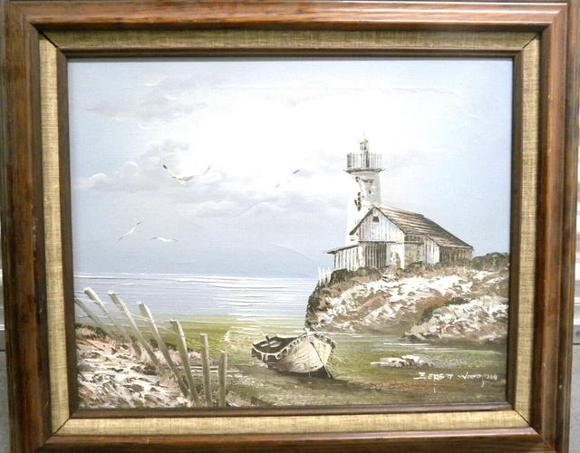 LIGHTHOUSE by EVERETT WOODSON OIL PAINTING 26"X22" FRAME 1980'S