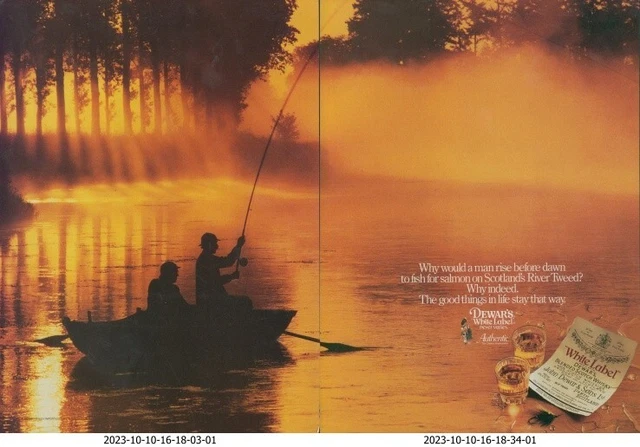 1987 Dewars White Label Fishermen Salmon Sunrise River Tweed Vtg Print Ad SI17