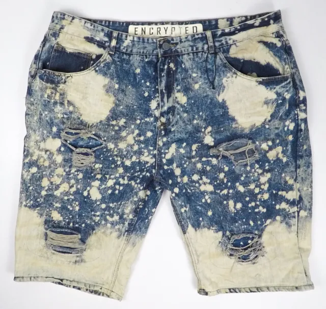 ENCRYPTED SUPPY COMPANY Men's Size 48 Blue Denim Shorts Bleached and Distressed