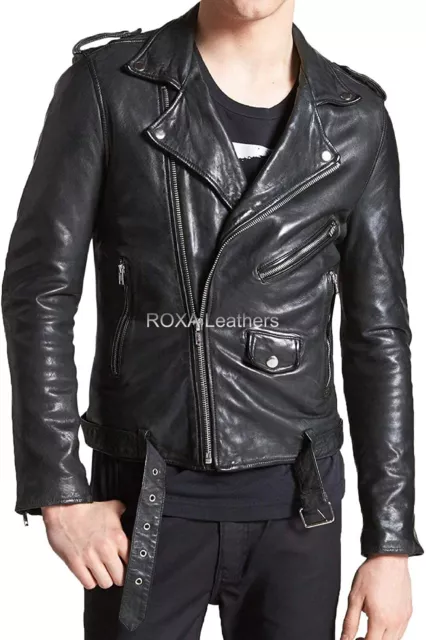 ROXA URBAN Men's Studded Genuine Lambskin Leather Jacket Black Pure Belted Racer