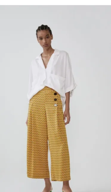 Zara  Women’s Pants Mustard Yellow Polka Dot Wide Leg Crop M Elastic Waist