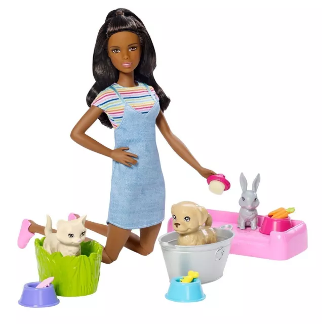 Accessoire poupée Barbie famille coffret le bain des animaux, poupée brune  avec figurines chiot, chaton et lapin, accessoires, jouet pour enfant,  fxh12