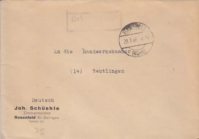 F.Zone - ROSENFELD  (Württ.)  - Gebühr bezahlt - Brief - 1946