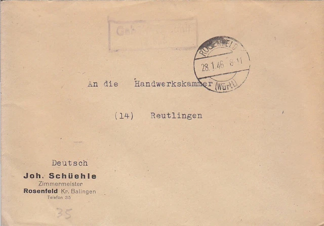F.Zone - ROSENFELD  (Württ.)  - Gebühr bezahlt - Brief - 1946