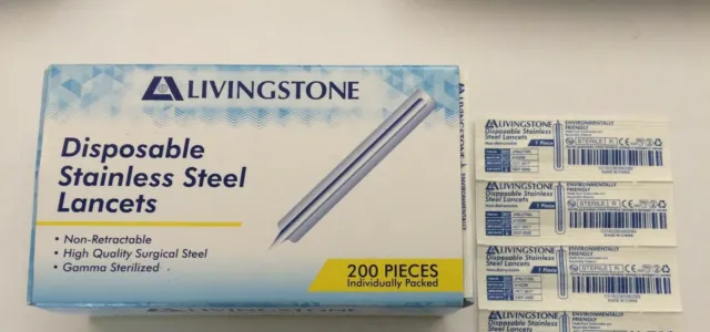 200 PCS Livingstone STAINLESS STEEL BLOOD LANCETS FIRST AID KIT HEALTH MEDICAL